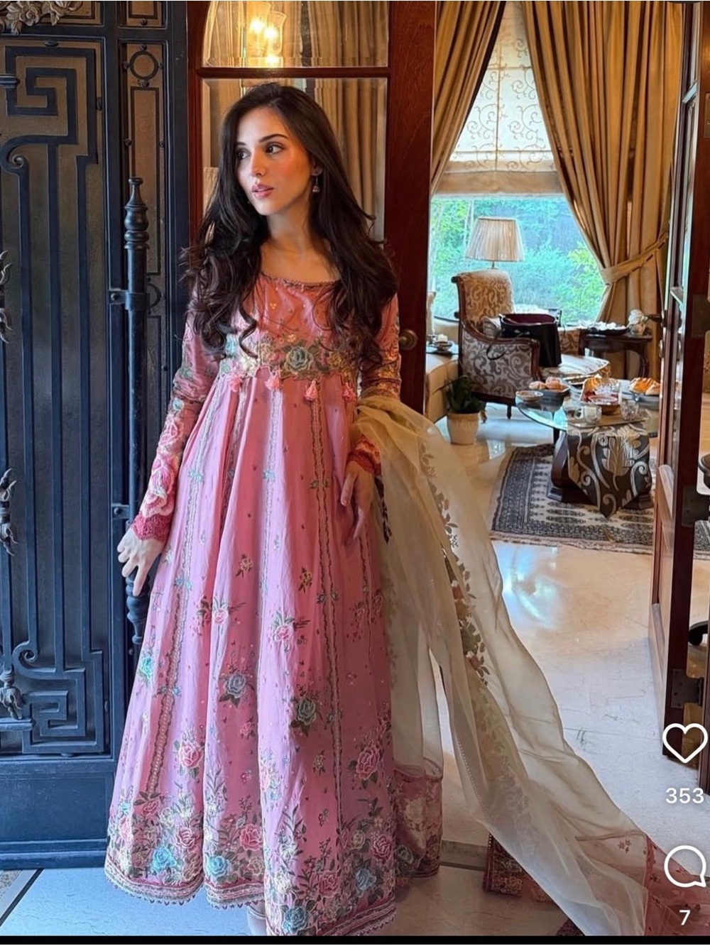 Embroidered Pink Floral Maxi Dress with Ivory Dupatta - Picture 2 of 4